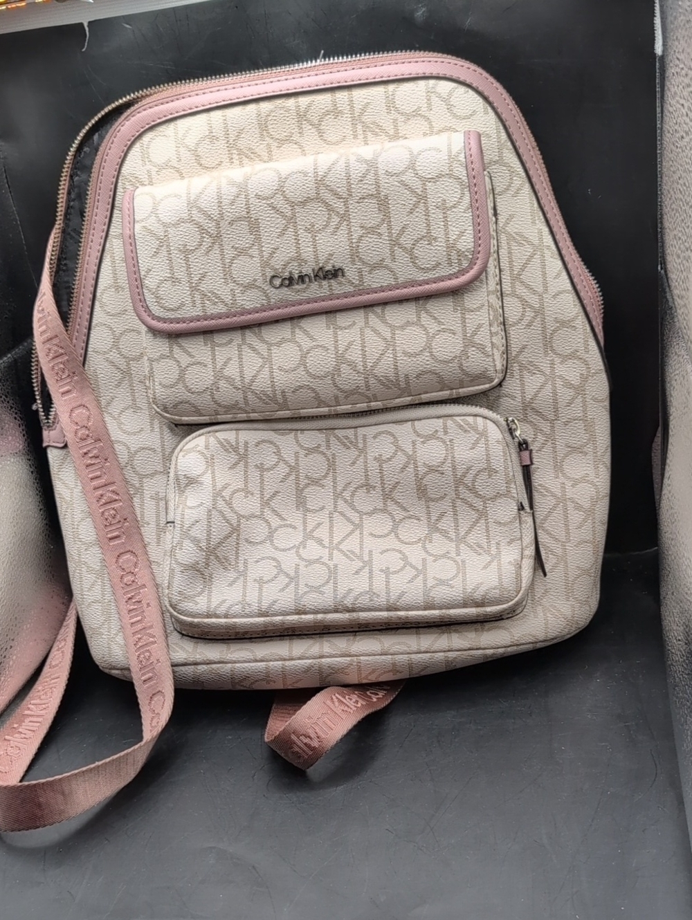 Calvin Klein Blush Pink Leather Monogram Logo Backpack Luggage Bag